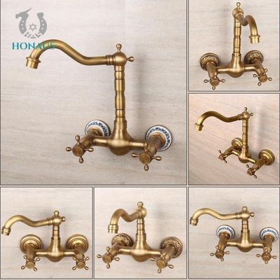 Double Switch Antique Copper Wall Mounted Bathtub Faucets Hot Cold Water