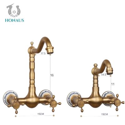 Double Switch Antique Copper Wall Mounted Bathtub Faucets Hot Cold Water